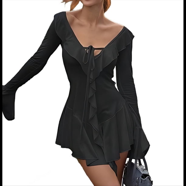 Vestido Mini Ajustado de Larga con Escote en V y Hombros Descubiertos con Volantes en para Mujer Negro M