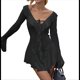 thumbnail image 1 of Vestido Mini Ajustado de Larga con Escote en V y Hombros Descubiertos con Volantes en para Mujer Negro M, 1 of 10