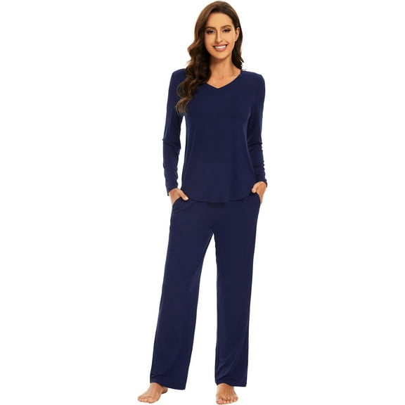 WiWi Pajamas for Women Long Sleeve Set Soft Casual Pj Warm Viscose from Bamboo 2 Piece Lounge Sets S-XXL, Navy, XX-Large