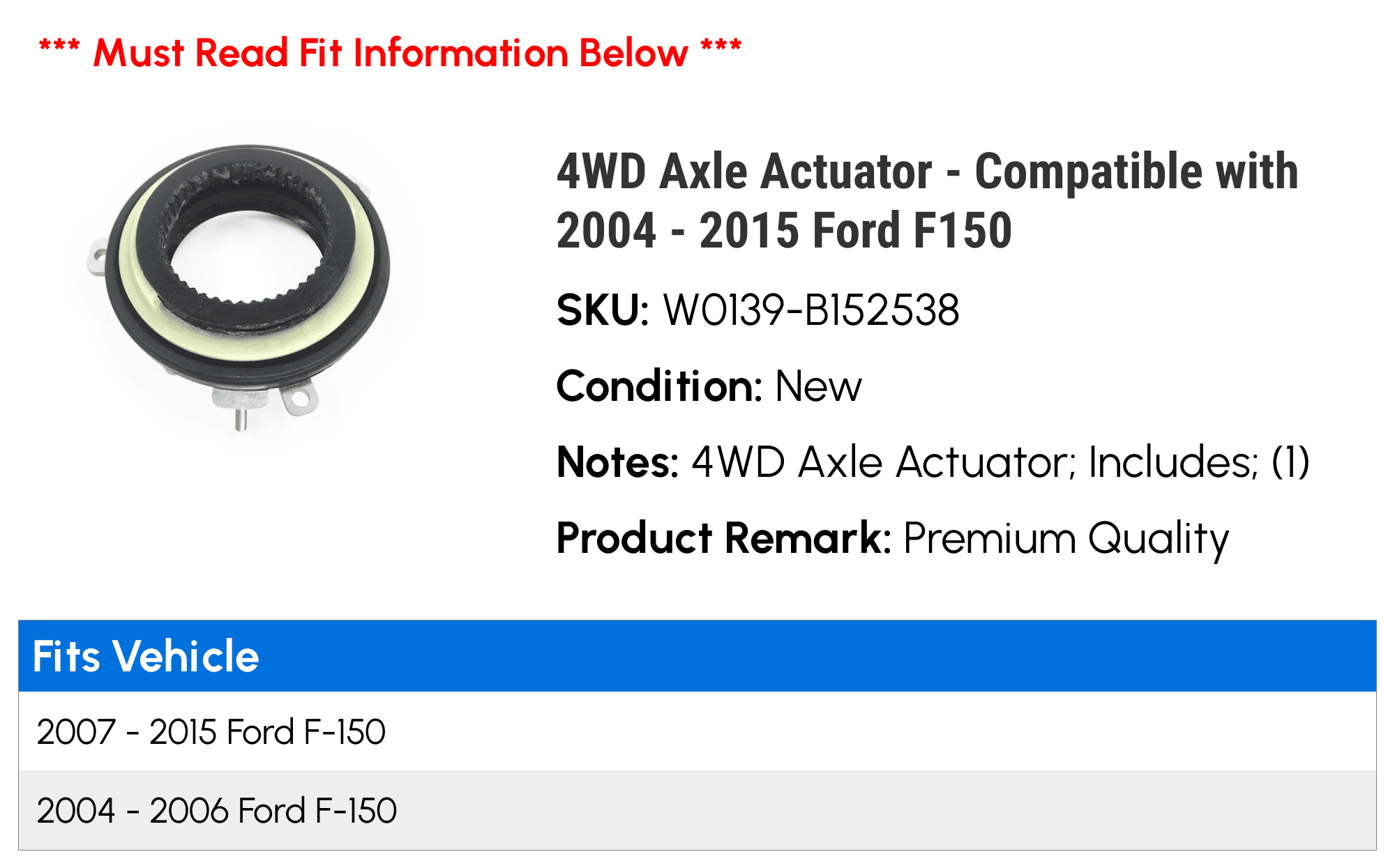 Compatible with 2004-2015 Ford F150 4WD Axle Actuator 