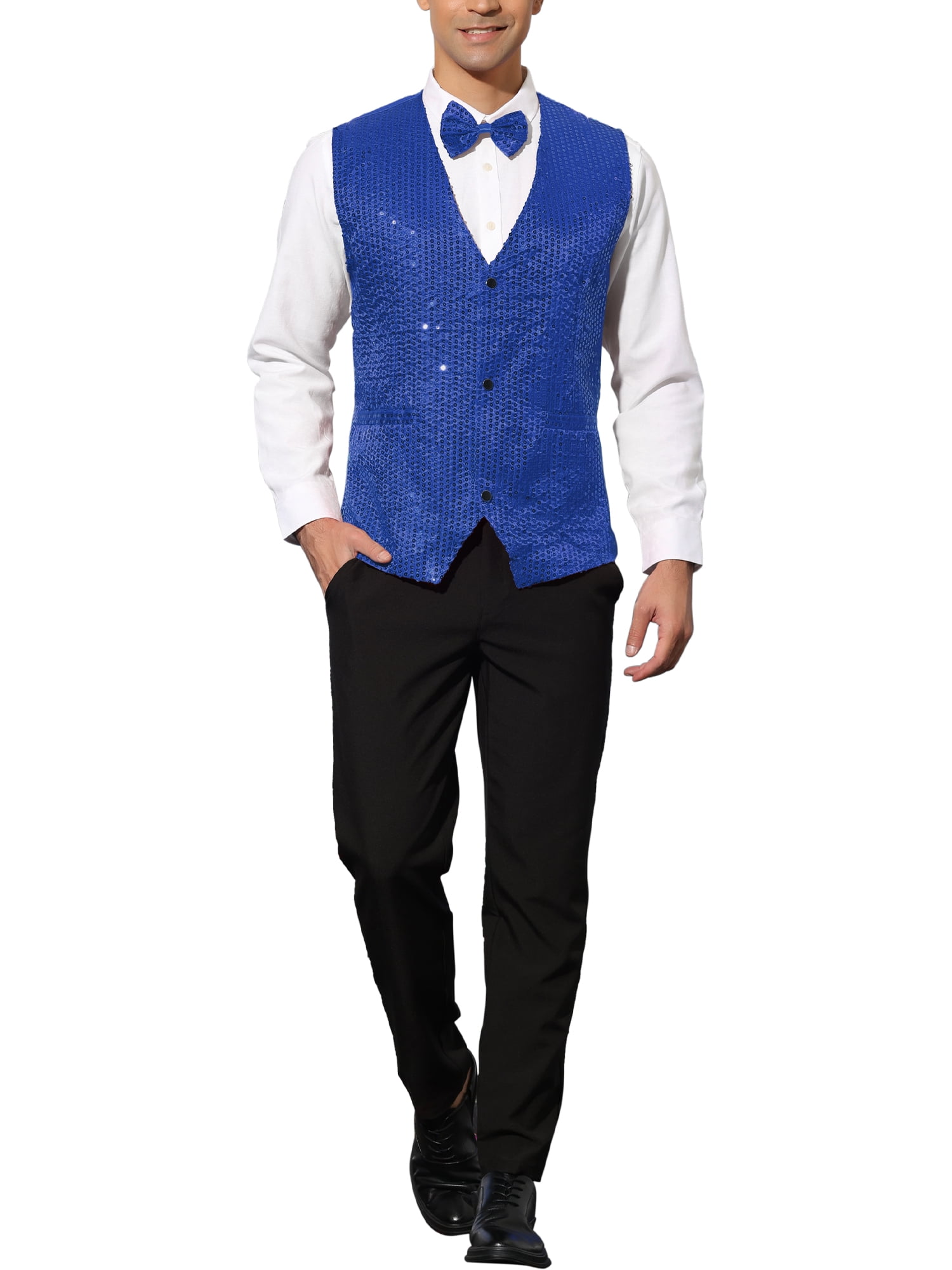 Unique Bargains Men's Sequin Waistcoat Sleeveless Dress Suit Vest with Bow Tie L Blue