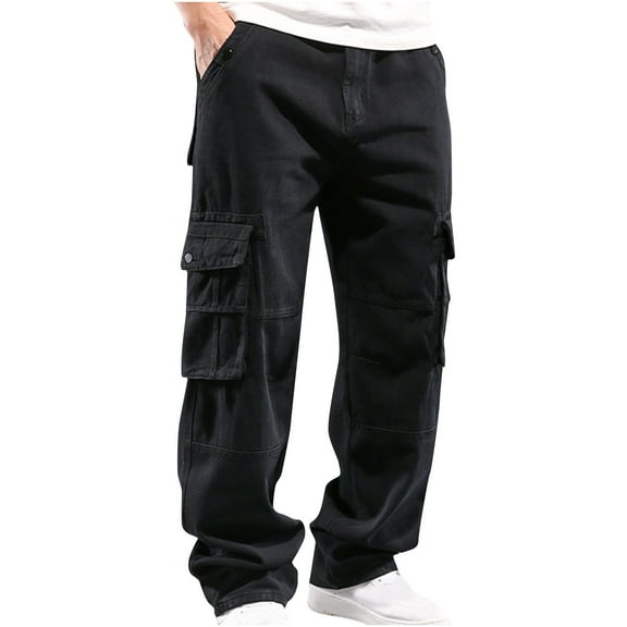 Outdoor Cargo Pants for Men Plus Size Black Workout Pants Casual Elastic Waist Straight Leg Trousers with Pockets