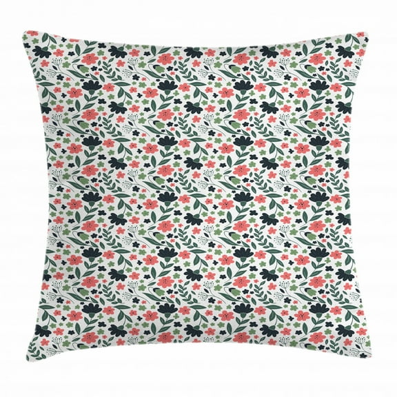 Spring Throw Pillow Cushion Cover, Colorful Botany with Abstract Blooming Flowers Pollen-like Dots, Decorative Square Accent Pillow Case, 16 X 16 Inches, Dark Green Reseda Green Coral, by Ambesonne