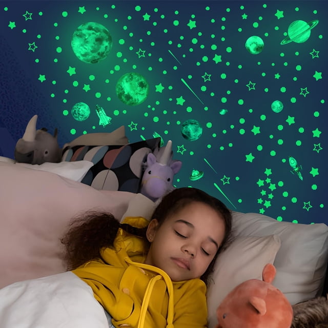 Apuakthei 849 piezas de estrellas que brillan en la oscuridad, pegatinas de pared multimodales de estrellas y luna, estrellas de techo de PVC que brillan en la oscuridad, perfectas para el dormitorio