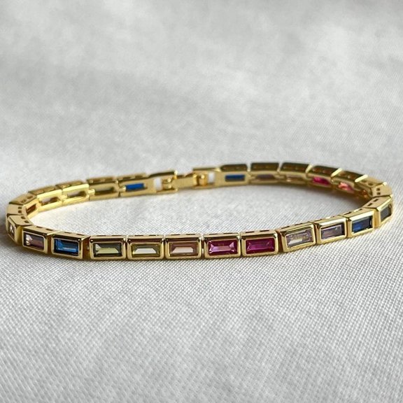 Rainbow sapphire Bezal baguette tennis bracelet gold | Lab multi sapphire baguette cut bar set tennis bracelet gold | Rainbow bracelet gold