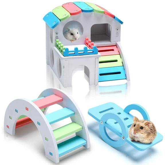 3 Pieces Fun Hamster Toys Guinea Pig Hideout Include PVC Hamster House, Rainbow Bridge, Seesaw Toy DIY Exercise Play Toys for Rats Mouse Small Animals(Small,Rainbow Color)