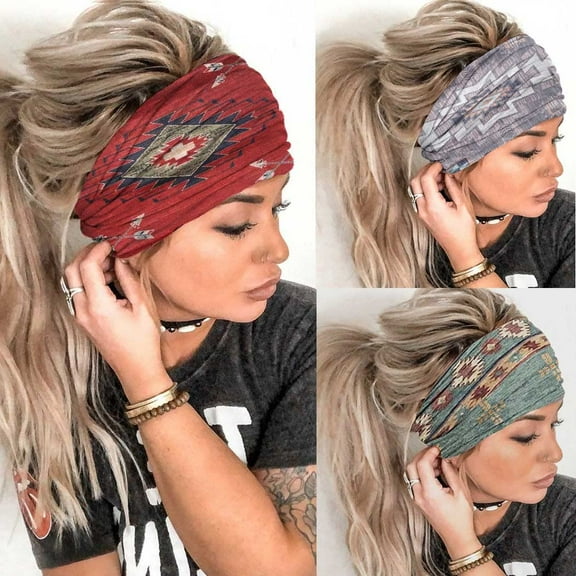 Boho Headbands Stretch Head Bands Wide Turban Headwraps Yoga Headband Fashion Hair Bands for women and Girls Pack of 3 (C Vintage)