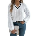 thumbnail image 2 of Women'S Long Sleeve V Neck Cable Knit Sweater 2025 Fall Pullover Top Cute Soft Dressy Casual Outfits White M, 2 of 9