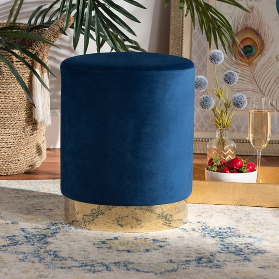 Baxton Studio Chaela Contemporary Glam and Luxe Navy Blue Velvet Fabric Upholstered and Gold Finished Metal Ottoman