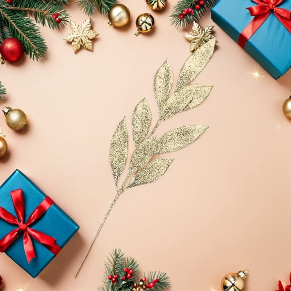 OUNONA 12Pcs Artificial Glitter Plated Gold Christmas Leaf Picks for Flower Arrangements and Seasonal Decor