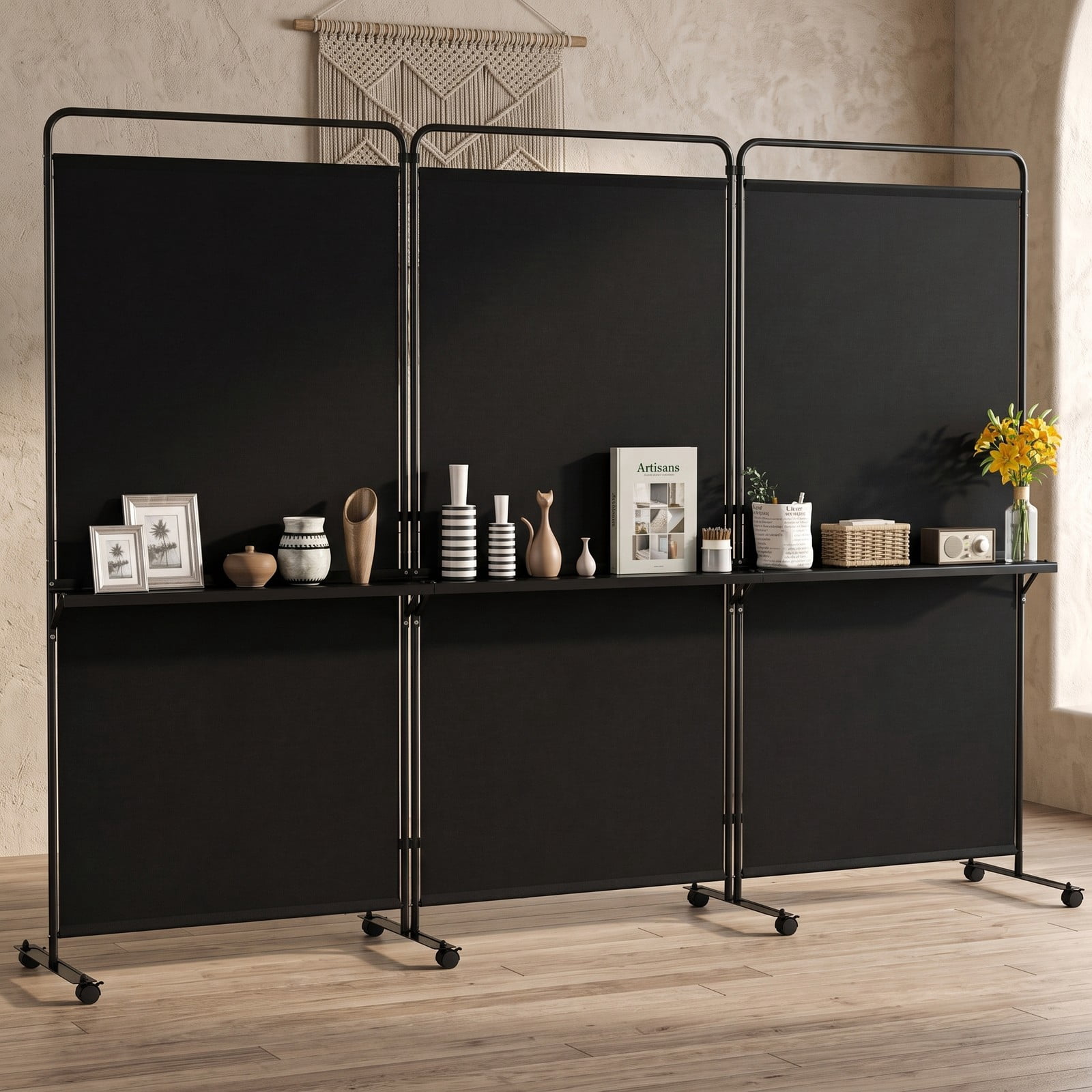 ALPULON 3-Panel Room Divider with 3 Shelves, 6 FT Tall Folding Privacy Screen Freestanding Partition with Lockable Wheels for Living Room Bedroom Office, Black