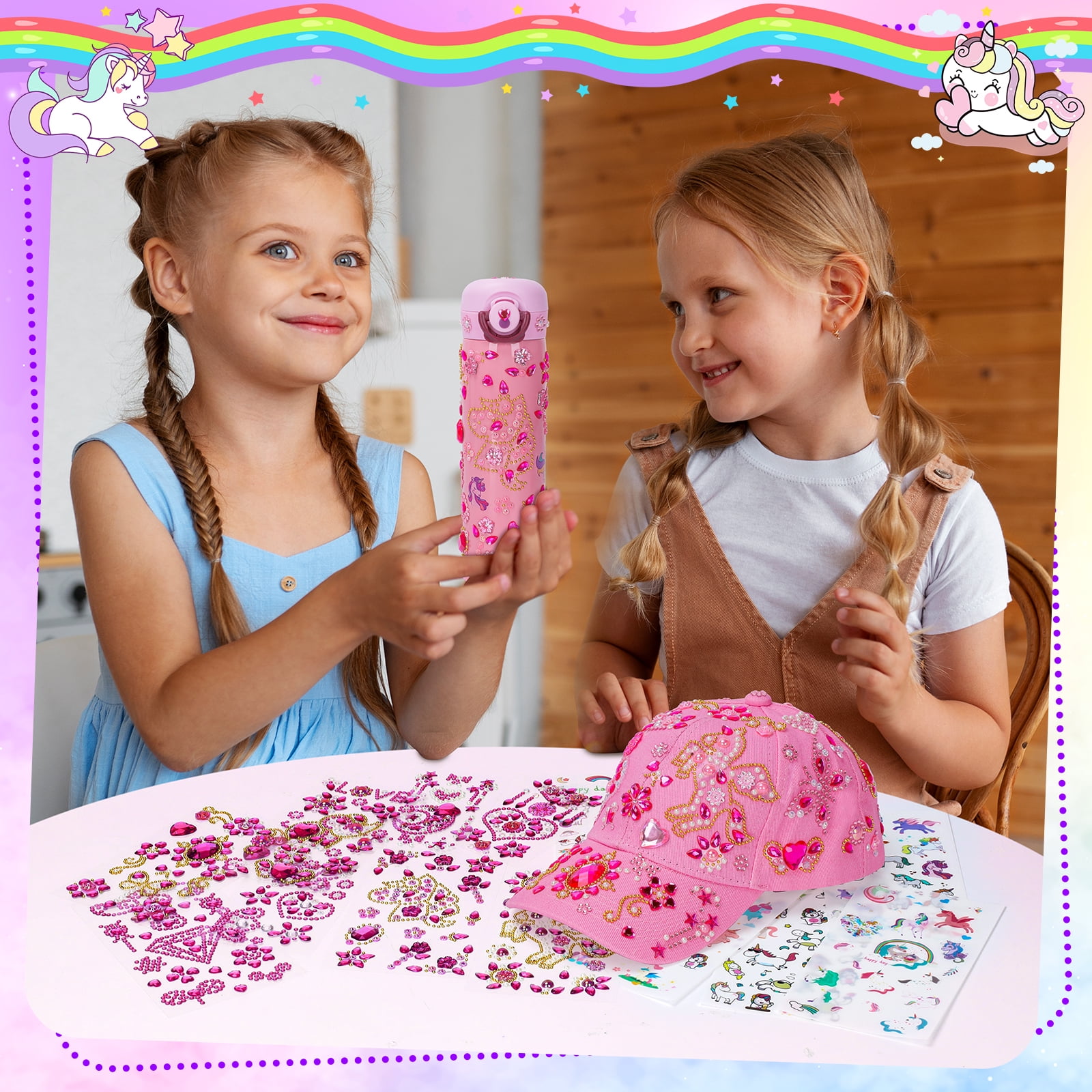 Pearoft Kids Gift for Girls Age 5 6 7 8 9 10 11 Years Old Birthday Presents for Kids, DIY Water Bottle and Baseball Cap Crafts Set for 6+ Girls Decorate Your Own Water Bottle with Glitter Gem Stickers