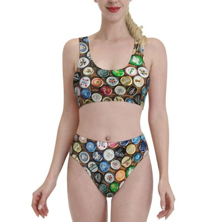 Bixox Beer Caps Pattern Two-Piece Sports Bikini with U-Shaped Top and High-Waist Bottom - Women s Swimwear with Removable Bra Pads