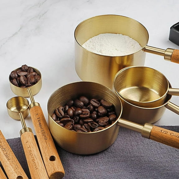 Gold Measuring Cups and Spoons Set of 8, Wood Handle with Metric and US Measurements, Premium Stainless Steel, Golden Polished Finish, Dry & Liquid Measuring Cup for Cooking and Baking