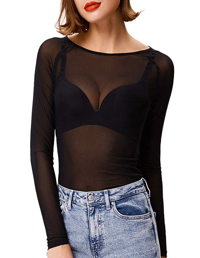 Women's Long Sleeve See Through Mesh Sheer Top Blouse Shirt