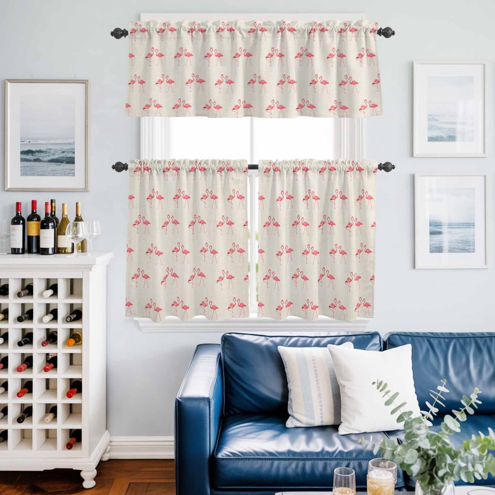 Tropical Pink Flamingo Bird Curtain Tier and Valance Set 3 Piece, Summer Animals on Burlap Linen 3-inch Rod Pocket Window Tier Curtains Valance for Kitchen Living Room