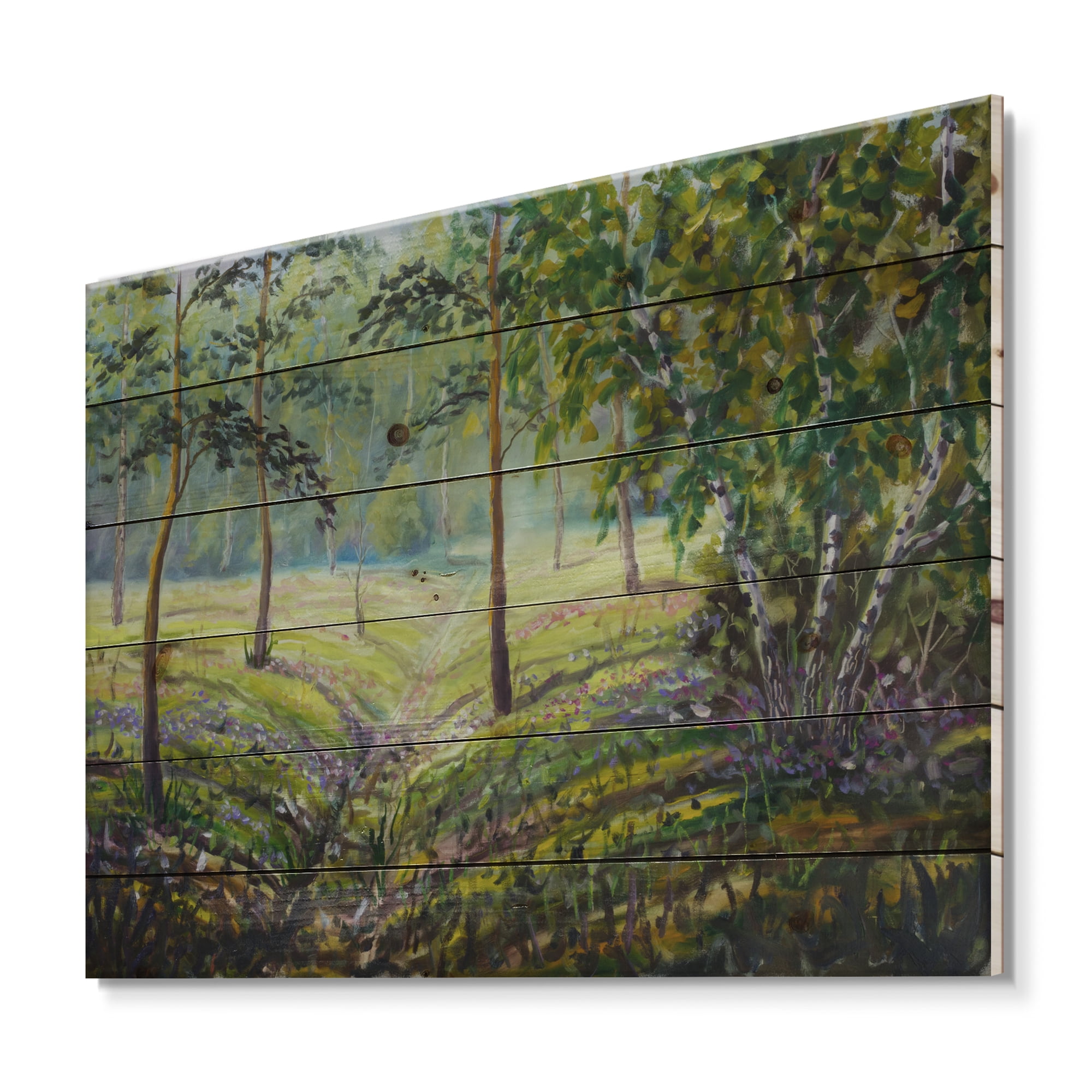 Designart 'Bushes and Pine Trees In The Forest I' Lake House Print on Natural Pine Wood