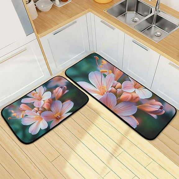 Clear Pink Flower Kitchen Mat Set of 2 Cushioned Non Slip Rugs for Bedroom Floor Runner Mats