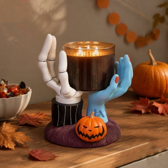 Halloween Skeleton Zombie Hands Candle Holder, Resin Jar Candle Holder with Pumpkin Decoration, Spooky Halloween Decor for Tabletop Centerpiece Mantel, Holder‑Only
