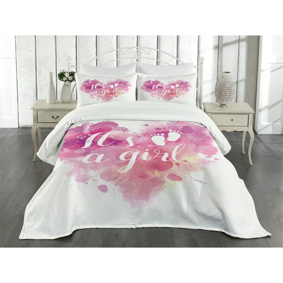 Ambesonne Pink Quilted Bedspread Set 3 Pcs, Heart Paintbrush Footprint Art, Queen Size, Fuchsia White Pink