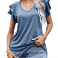 thumbnail image 1 of Camiseta holgada informal de mujer azul marino para verano, cómoda, con escote en V y mangas con doble volante, 1 of 6