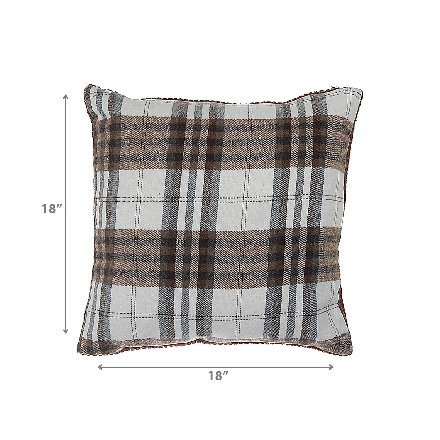 Checked Poly-Cotton Cushion With Sherpa At Back Brown Stripe - Set of 2