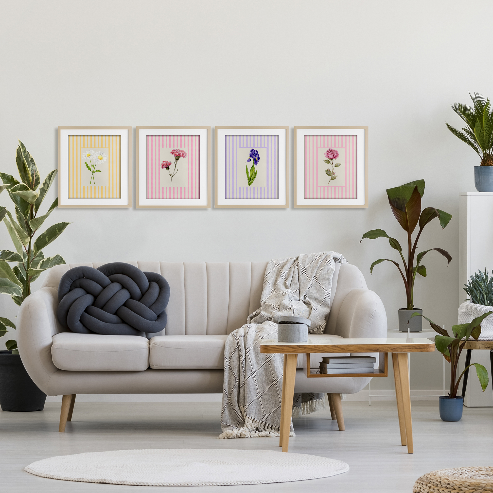 Cottage Stripe Sprigs 4 Piece Birch Framed Print Under Glass Set, design by Lisa Wehmeyer