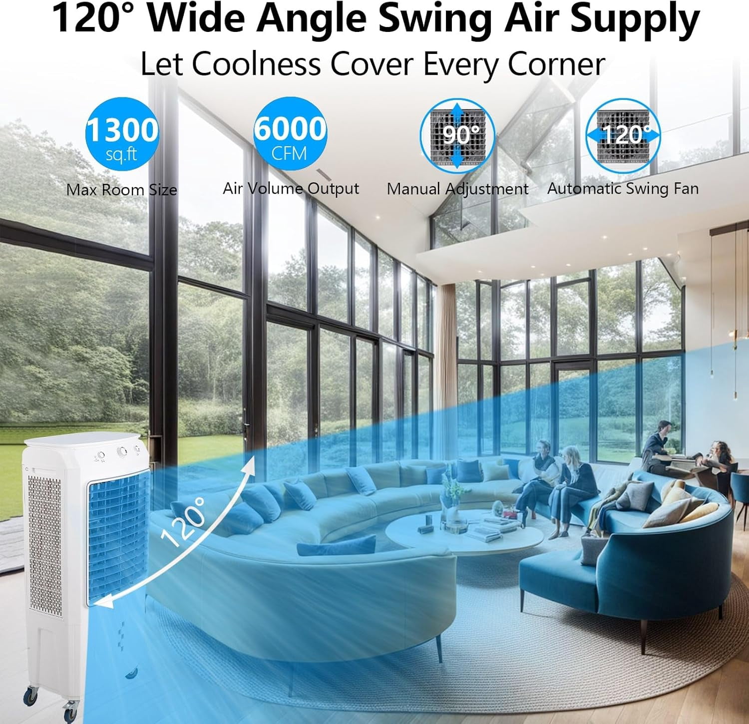 IdealHouse 6000 CFM Evaporative Air Cooler, 15.8 Gallon Swamp Cooler with 120°Oscillation, 3 Speeds and Modes, 3-In-1 Swamp Cooler Air Conditioner, Portable Air Cooler Fan for Indoor Garage