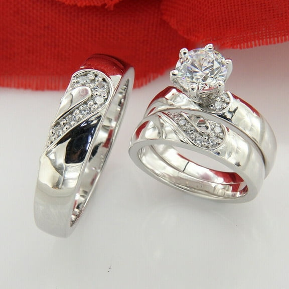 TAAPSEE JEWELS 2.35Ct CZ Matching Mens/ Womens Engagement Trio Set Ring 14K White Gold Finish
