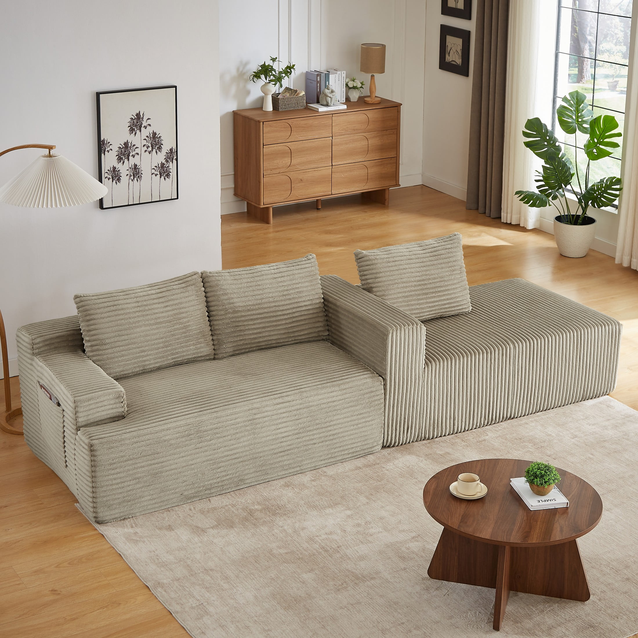 Aukfa 96" L-Shaped Cloud Sectional Sofa, Modular Boneless Couch with Deep Seat, Right-Facing Chaise, Corduroy Sleeper Sofa for Living Room, Camel