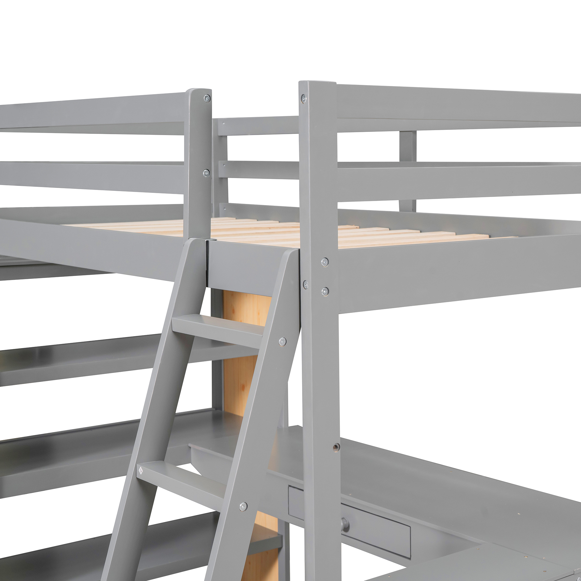 DEALTOPS Twin Size Loft Bed with Ladder, Shelves, and Desk, White - Gray