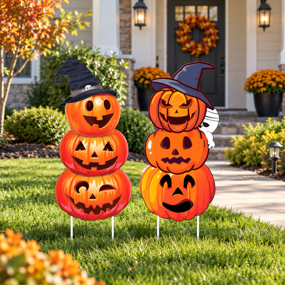 GameXcel Halloween Decorations Outdoor Yard Signs with Stakes, 34.8 in Tall Vertical Pumpkin and Ghost Decor, Weather-Resistant, 2 Count