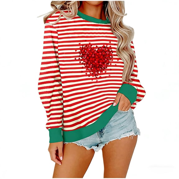 Valentine Sweatshirts for Women Heart Print Long Sleeve Sweater Pullover Casual Striped Crewneck Valentines Day Shirts, 2XL Green