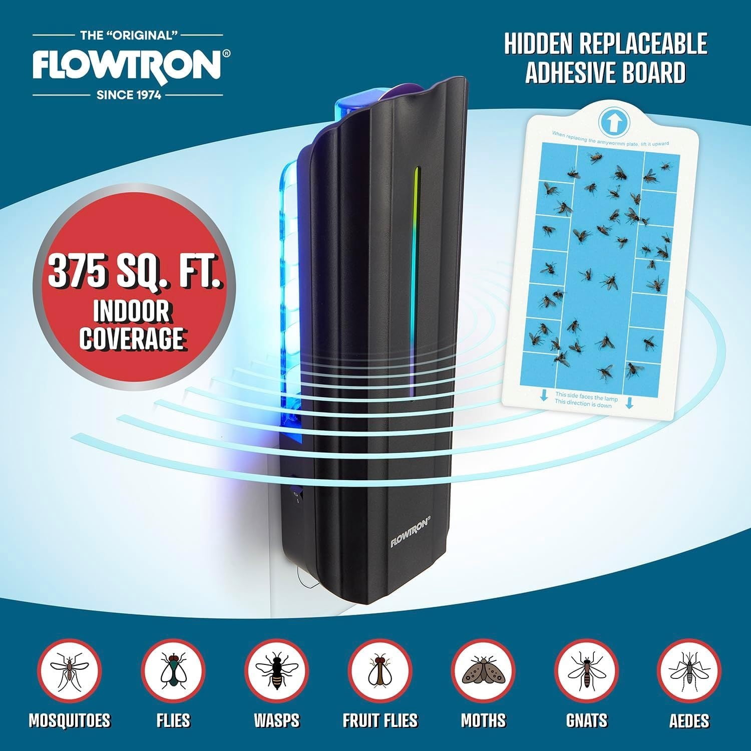 Flowtron Indoor Fly Trap, 9W UV Light, Silent Mosquito & Gnat Catcher, 375 Sq Ft - Black