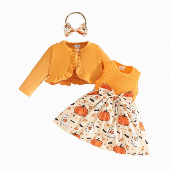 Kakishop Girls Baby Clothes My First Halloween Baby Girl Outfit Pumpkin Ruffle Long Sleeve Romper Overall Dress Headband Cute Fall,Orange