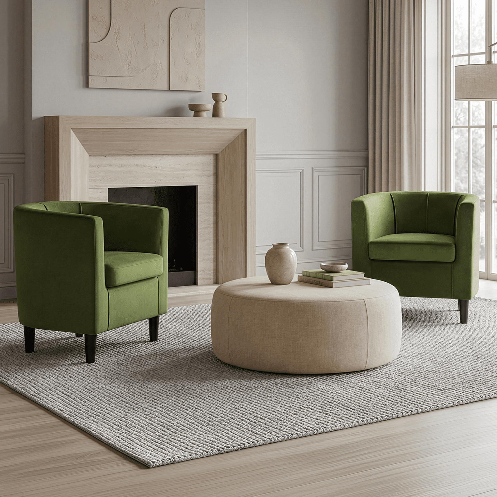 Renwick Upholstered Barrel Shaped Accent Chair with Curved Backrest for Livingroom, Olive Green Velvet, Set of 2