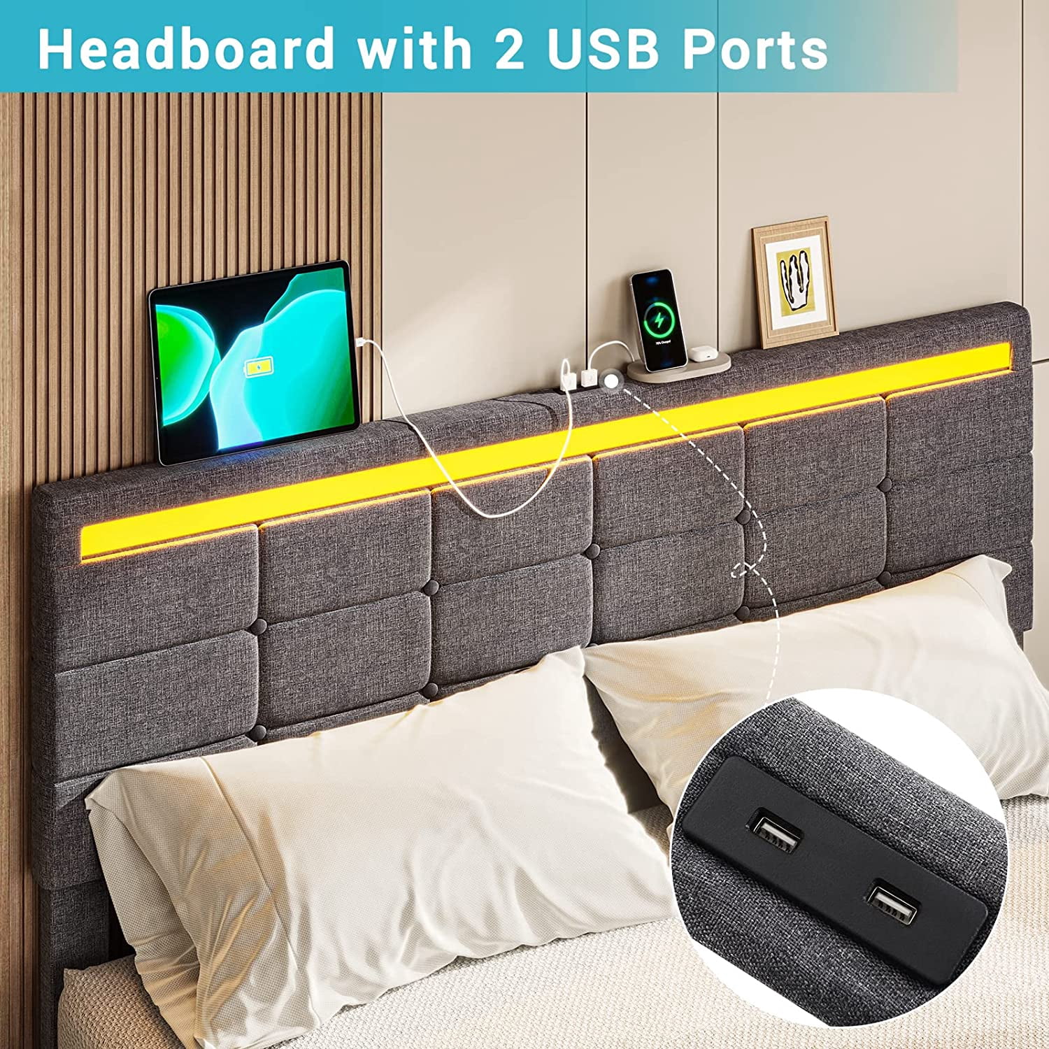 Afuhokles LED Bed Frame Queen Size with 2 USB Ports, Platform Bed Frame with Headboard and Footboard, Storage Drawers, Dark Grey