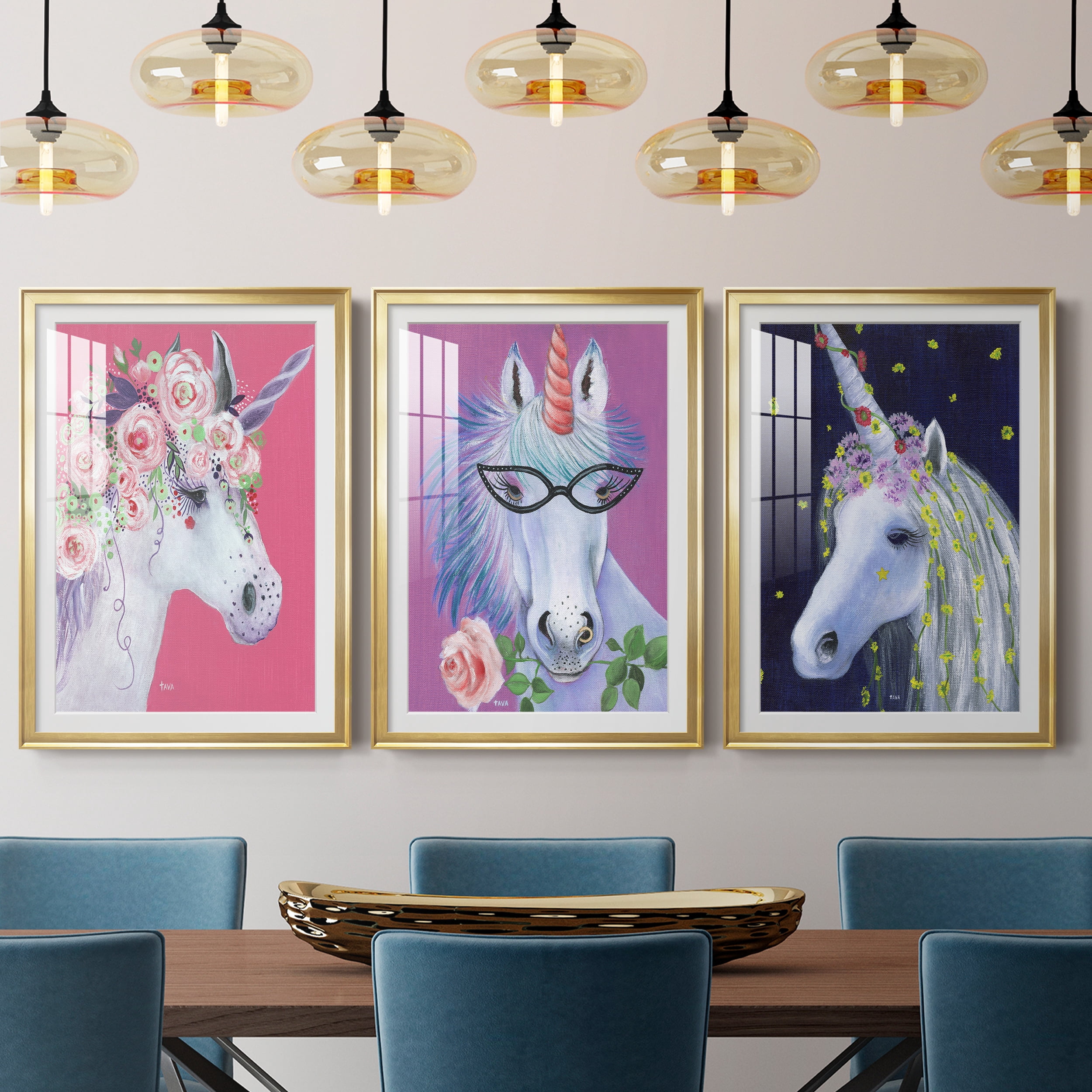 Unicorn II Premium Framed Prints Set of 3 - Ready to Hang - 30.5 x 42.5 Each - Gold Frame