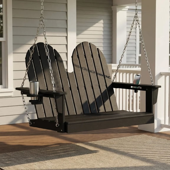 WestinTrends St. Augustine 4ft Outdoor HDPE Poly Famrhouse Hanging Porch Swing With Cup Holders, Black