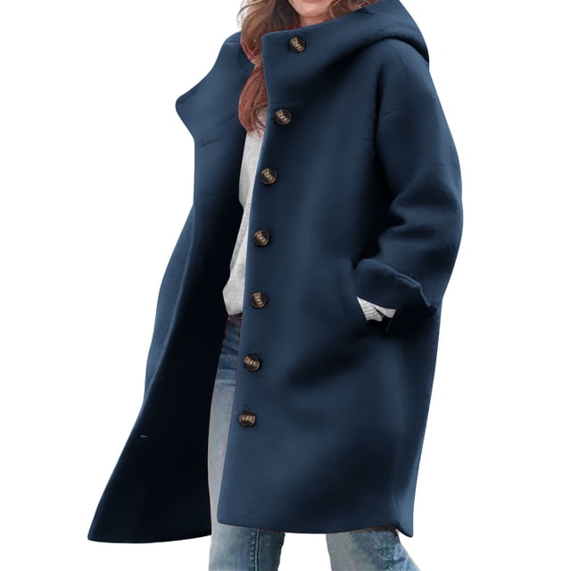 Mceream Women's Winter Single Breasted Long Wool Coat with Hood Casual Wool Blend Trench Coat Jacket Plus Size Outwear Abrigo De Invierno Para Mujer Navy XXL