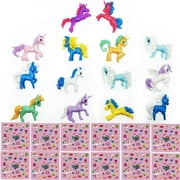 GIFTEXPRESS 12pcs Individual packed Magical Unicorn Pony Bundle Set, 12 Mini Rubber Unicorns Figure Over 12 Sheets of Rainbow Unicorn Bookmarks Total of 360 Stickers