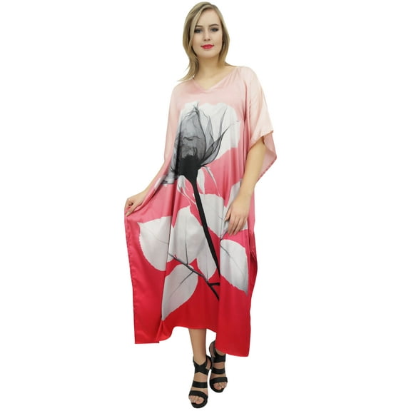 Bimba Women's Long Kaftan Dress Chic Floral Satin Peach Caftan Kimono Coverup-4