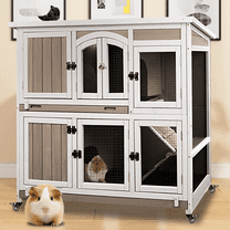 Gowoodhut Guinea Pig Cage Indoor Wooden 2-Story Rabbit Hutch on Wheels for Small Animals, Gray