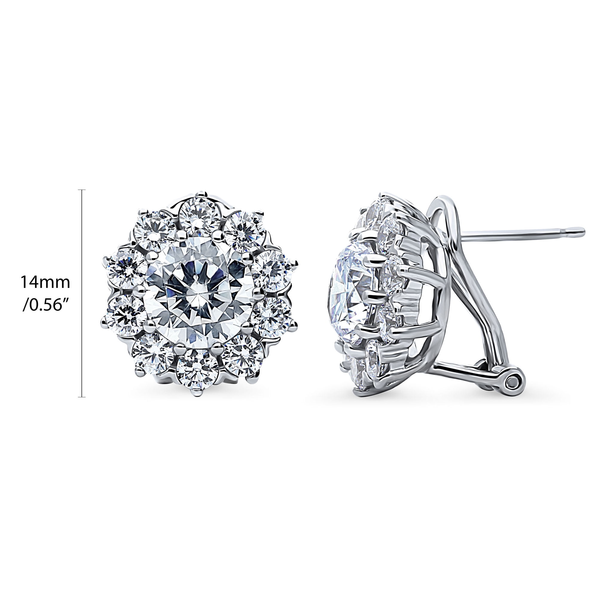 BERRICLE Sterling Silver Flower Cubic Zirconia CZ Statement Halo Anniversary Omega Back Stud Earrings for Women, Rhodium Plated