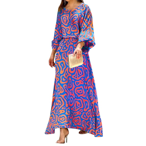 Franhais Summer Ladies Leisure Suit, Women Geometric/Flower Printing Round Collar Long Sleeve Loose Tops + Wide Hemline Long Half Skirt