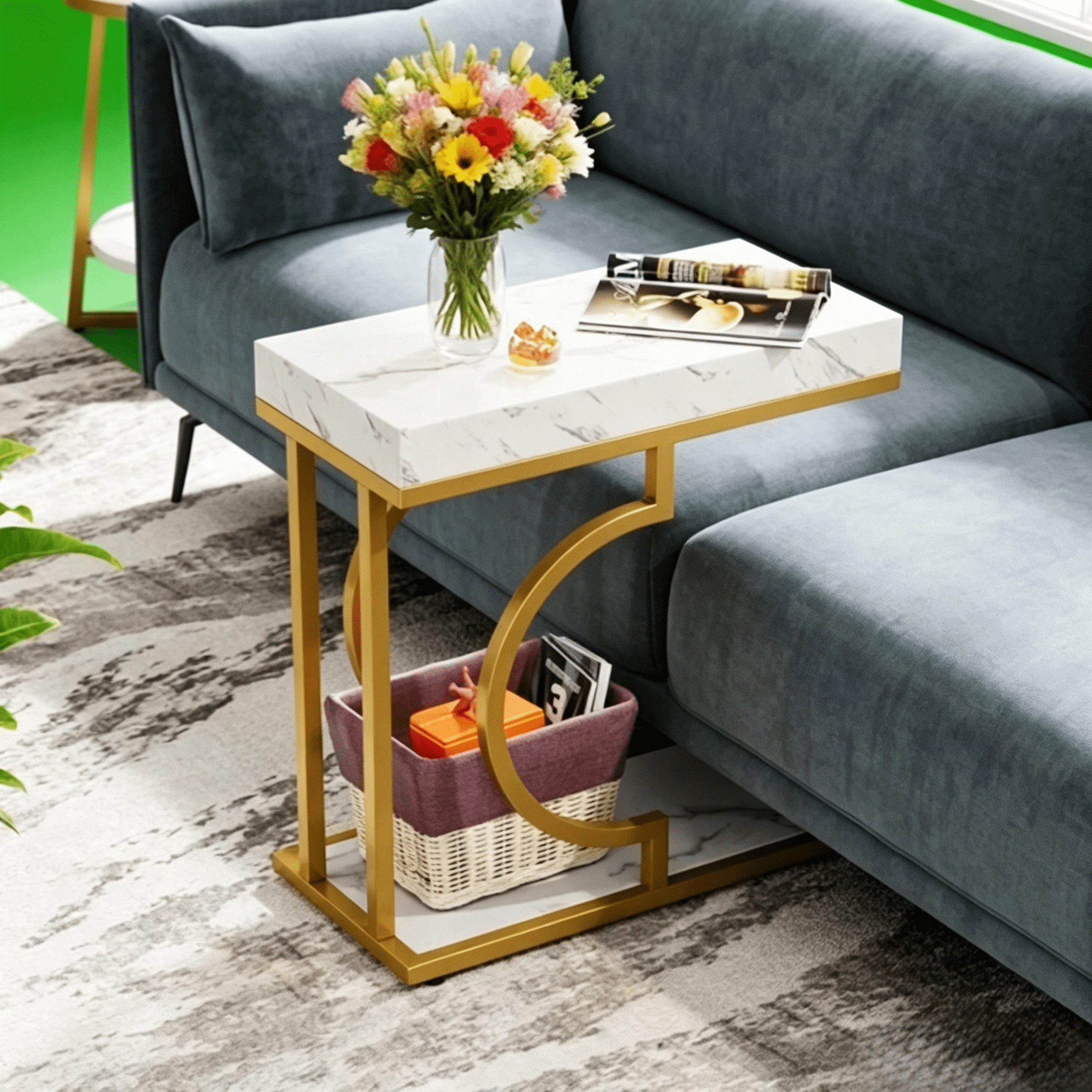 Farmhouse C Table, Semicircular Frame, Sturdy Metal & Particle Board for Living Room/Bedroom/Small Spaces