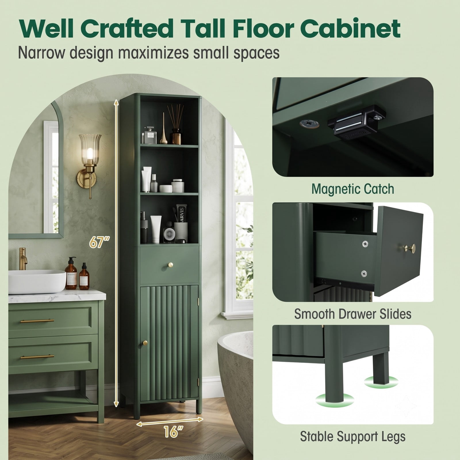 ALPULON 67 Inch Tall Narrow Bathroom Floor Cabinet Freestanding Storage Cabinet with Fluted Door, 3 Open Shelves, Adjustable Shelf and Pull-Out Drawer, Beige and Green
