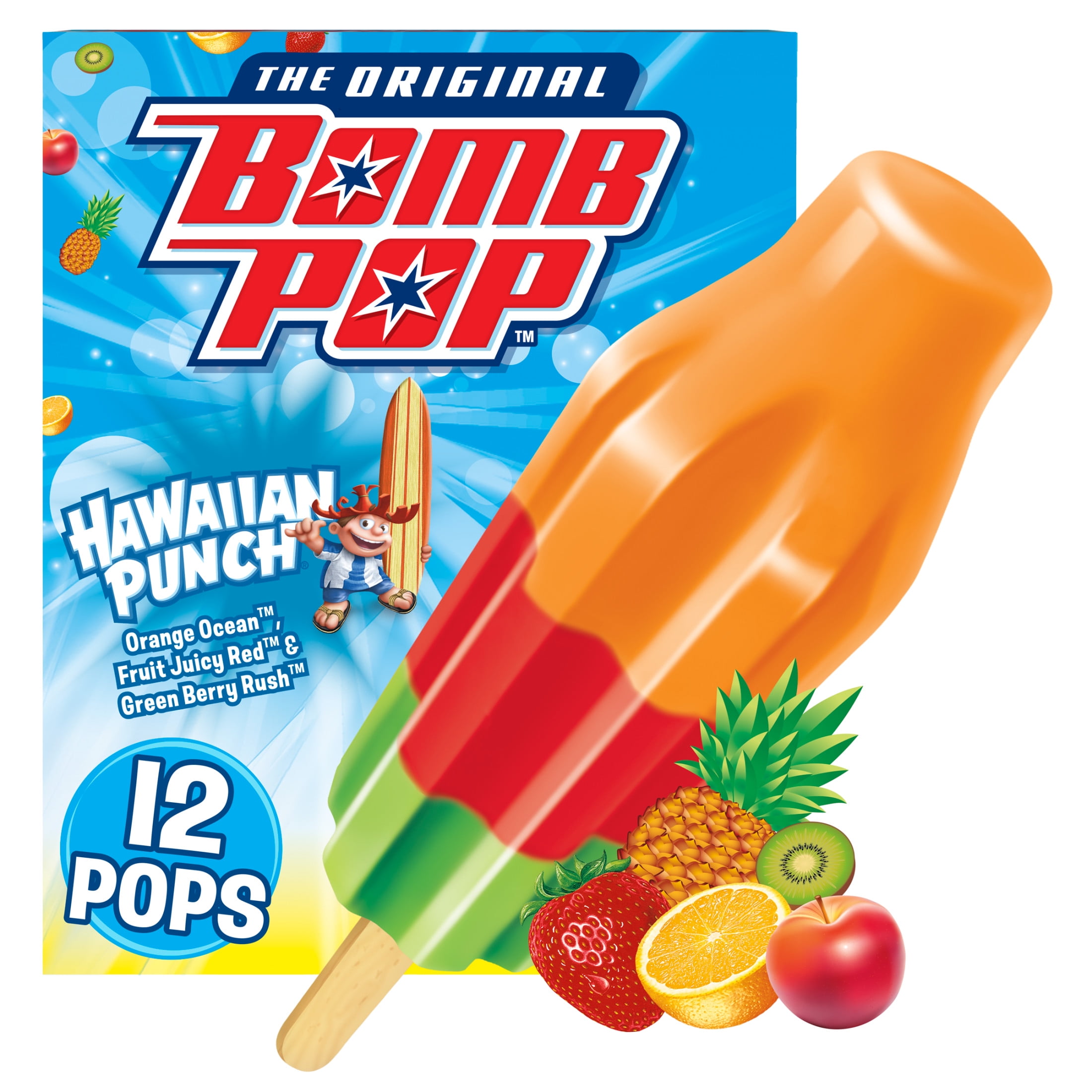 Bomb Pop Hawaiian Punch Freeze Ice Pop, Frozen Freezer Dessert, 12 Pack
