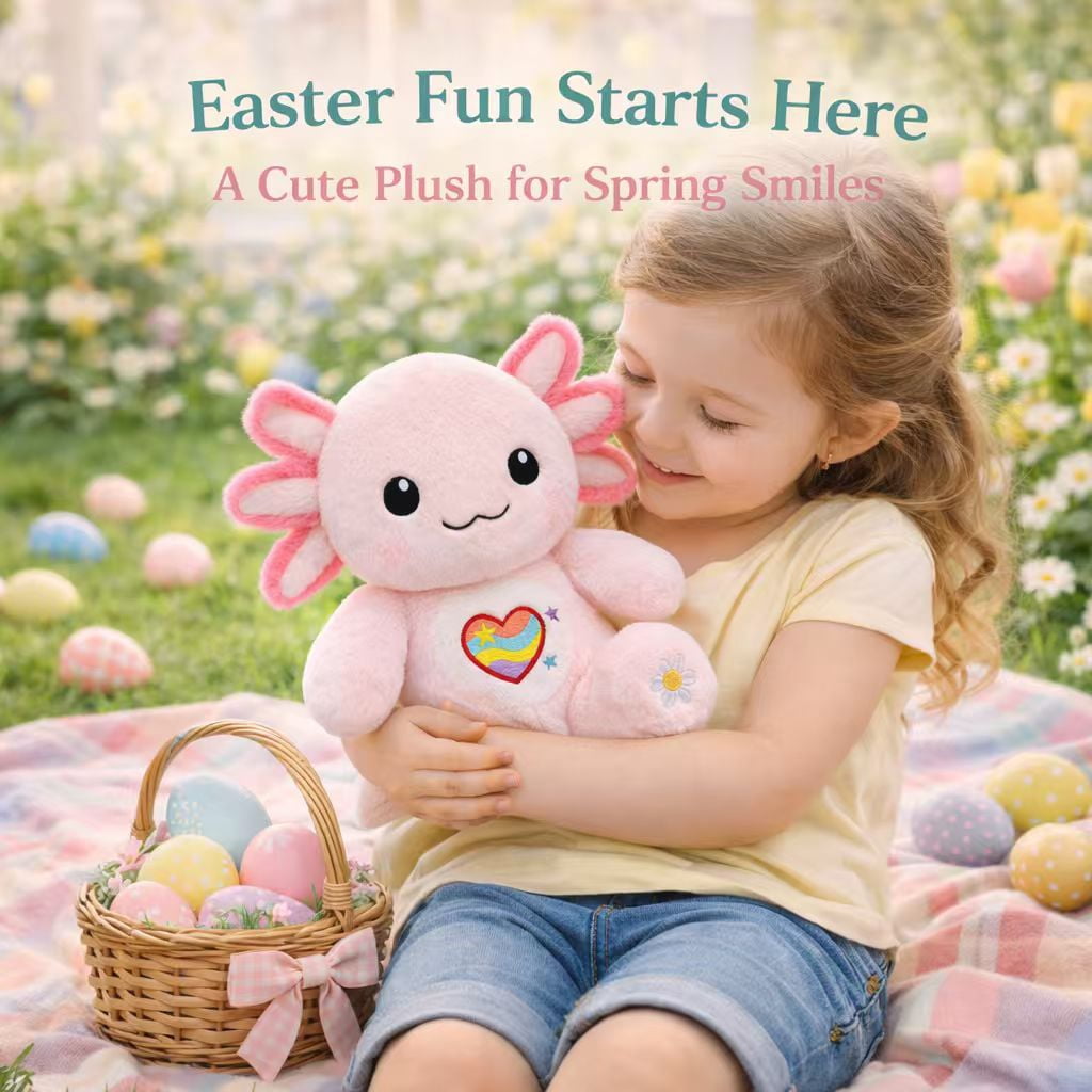 27cm/10.6in Pink Axolotl Plush Toy, Easter Plush Stuffed Animal for Kids, Soft Kawaii Gift, Cute Spring Basket Stuffer, Easter Party & Birthday Decor