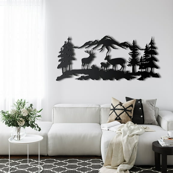 Deer Family Metal Wall Art for Home and Outside - Wall-Mounted Geometric Metal Wall Art - Drop Shadow 3D Effect Wall Decoration for Living Room Bedroom